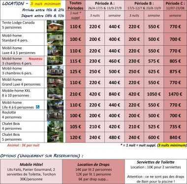 Réservations tarifs Locatif Dordogne camping